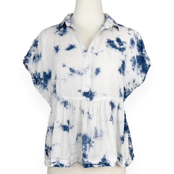 Rachel Zoe Tops - Racheal Zoe babydoll 100% Linen Lagenlook peplum oversized top XS White Blue
